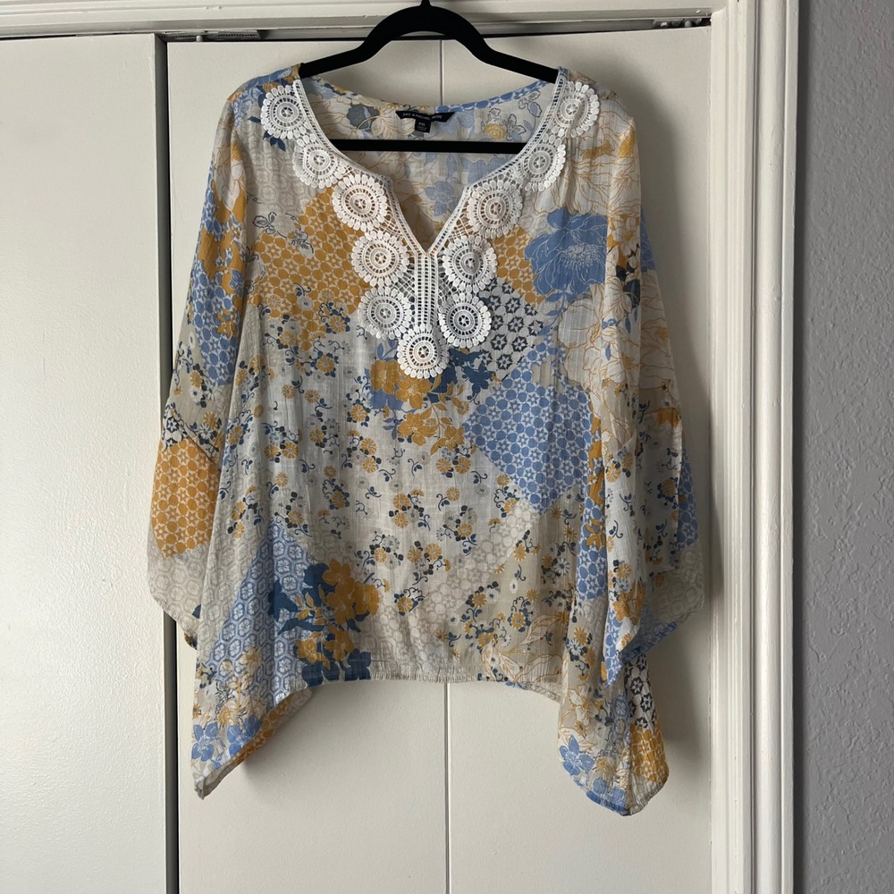 Zac &‎ Rachel Petite Floral Crochet Trim Poncho Top Blouse PXL